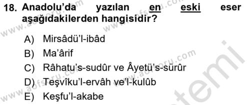 VIII-XIII. Yüzyıllar Türk Edebiyatı Dersi 2021 - 2022 Yılı Yaz Okulu Sınavı 18. Soru