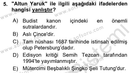 VIII-XIII. Yüzyıllar Türk Edebiyatı Dersi 2021 - 2022 Yılı Yaz Okulu Sınavı 5. Soru