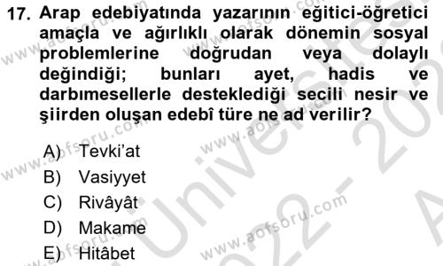 VIII-XIII. Yüzyıllar Türk Edebiyatı Dersi 2022 - 2023 Yılı (Vize) Ara Sınavı 17. Soru