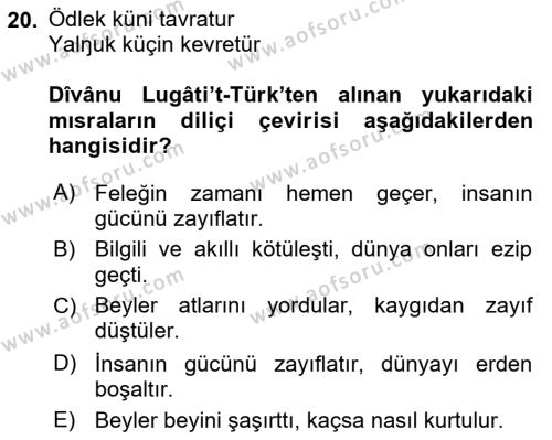 VIII-XIII. Yüzyıllar Türk Edebiyatı Dersi 2022 - 2023 Yılı (Vize) Ara Sınavı 20. Soru