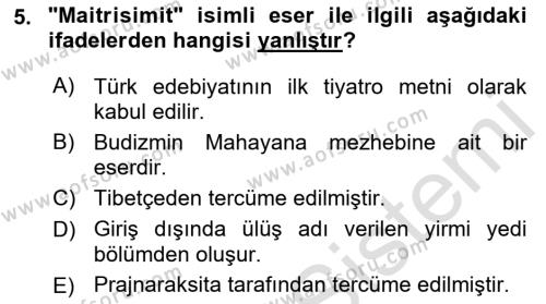 VIII-XIII. Yüzyıllar Türk Edebiyatı Dersi 2022 - 2023 Yılı (Vize) Ara Sınavı 5. Soru