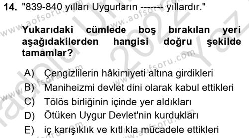 VIII-XIII. Yüzyıllar Türk Edebiyatı Dersi 2022 - 2023 Yılı Yaz Okulu Sınavı 14. Soru