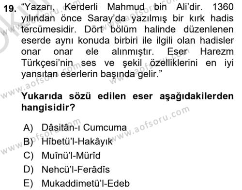 VIII-XIII. Yüzyıllar Türk Edebiyatı Dersi 2022 - 2023 Yılı Yaz Okulu Sınavı 19. Soru