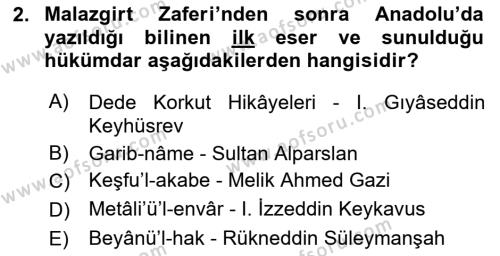 VIII-XIII. Yüzyıllar Türk Edebiyatı Dersi 2022 - 2023 Yılı Yaz Okulu Sınavı 2. Soru