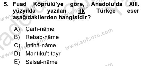 VIII-XIII. Yüzyıllar Türk Edebiyatı Dersi 2022 - 2023 Yılı Yaz Okulu Sınavı 5. Soru