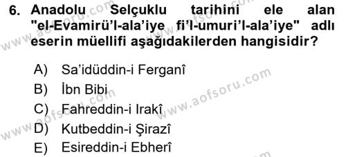 VIII-XIII. Yüzyıllar Türk Edebiyatı Dersi 2022 - 2023 Yılı Yaz Okulu Sınavı 6. Soru