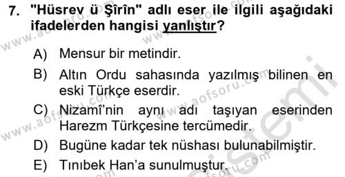 VIII-XIII. Yüzyıllar Türk Edebiyatı Dersi 2022 - 2023 Yılı Yaz Okulu Sınavı 7. Soru