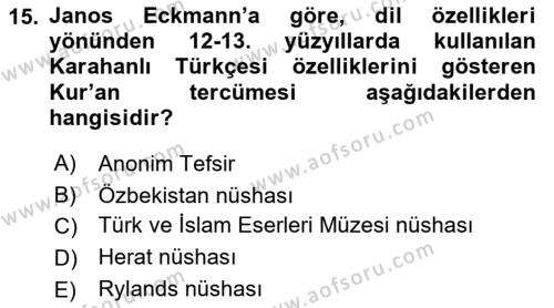 VIII-XIII. Yüzyıllar Türk Edebiyatı Dersi 2023 - 2024 Yılı (Vize) Ara Sınavı 15. Soru