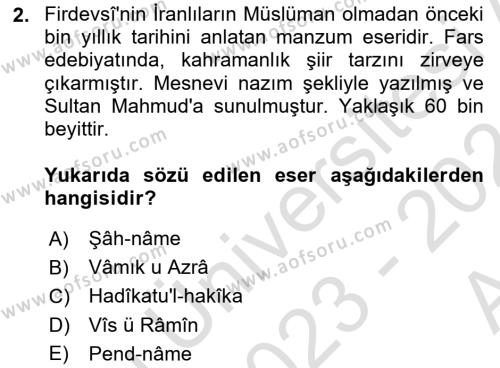 VIII-XIII. Yüzyıllar Türk Edebiyatı Dersi 2023 - 2024 Yılı (Vize) Ara Sınavı 2. Soru