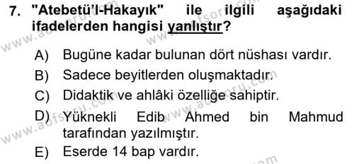 VIII-XIII. Yüzyıllar Türk Edebiyatı Dersi 2023 - 2024 Yılı (Vize) Ara Sınavı 7. Soru