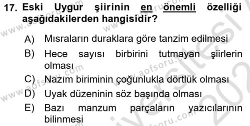 VIII-XIII. Yüzyıllar Türk Edebiyatı Dersi 2023 - 2024 Yılı (Final) Dönem Sonu Sınavı 17. Soru