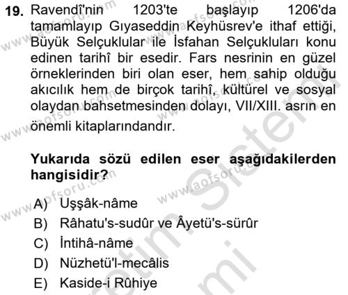 VIII-XIII. Yüzyıllar Türk Edebiyatı Dersi 2023 - 2024 Yılı (Final) Dönem Sonu Sınavı 19. Soru