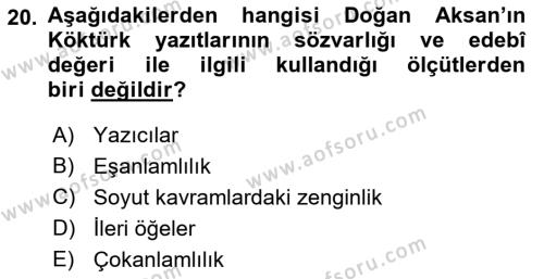 VIII-XIII. Yüzyıllar Türk Edebiyatı Dersi 2023 - 2024 Yılı (Final) Dönem Sonu Sınavı 20. Soru