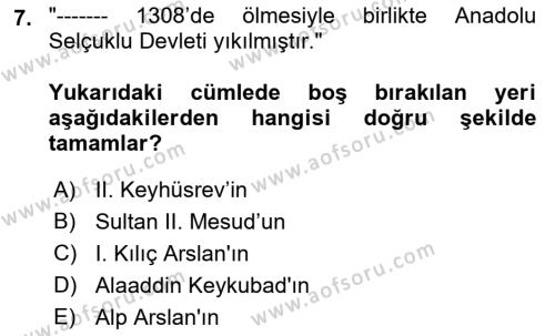 VIII-XIII. Yüzyıllar Türk Edebiyatı Dersi 2023 - 2024 Yılı (Final) Dönem Sonu Sınavı 7. Soru