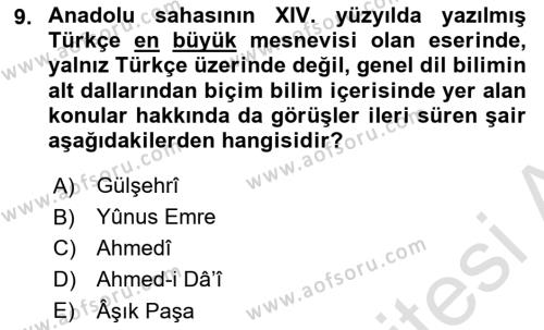 VIII-XIII. Yüzyıllar Türk Edebiyatı Dersi 2023 - 2024 Yılı (Final) Dönem Sonu Sınavı 9. Soru