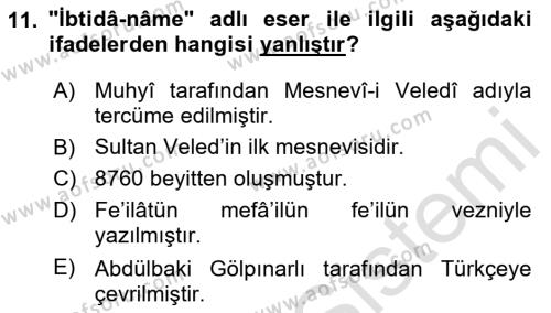 VIII-XIII. Yüzyıllar Türk Edebiyatı Dersi 2023 - 2024 Yılı Yaz Okulu Sınavı 11. Soru