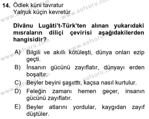 VIII-XIII. Yüzyıllar Türk Edebiyatı Dersi 2023 - 2024 Yılı Yaz Okulu Sınavı 14. Soru