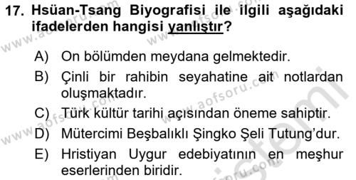 VIII-XIII. Yüzyıllar Türk Edebiyatı Dersi 2023 - 2024 Yılı Yaz Okulu Sınavı 17. Soru