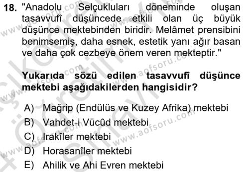 VIII-XIII. Yüzyıllar Türk Edebiyatı Dersi 2023 - 2024 Yılı Yaz Okulu Sınavı 18. Soru