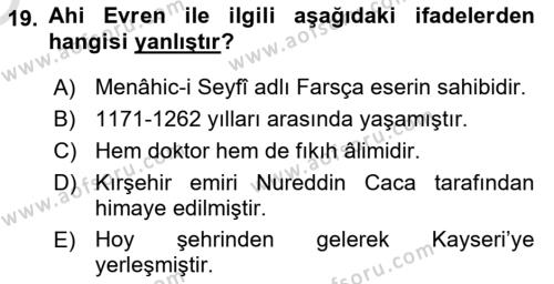 VIII-XIII. Yüzyıllar Türk Edebiyatı Dersi 2023 - 2024 Yılı Yaz Okulu Sınavı 19. Soru