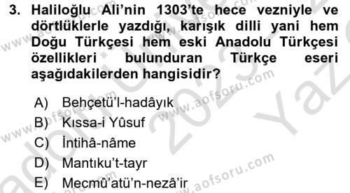 VIII-XIII. Yüzyıllar Türk Edebiyatı Dersi 2023 - 2024 Yılı Yaz Okulu Sınavı 3. Soru