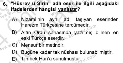 VIII-XIII. Yüzyıllar Türk Edebiyatı Dersi 2023 - 2024 Yılı Yaz Okulu Sınavı 6. Soru