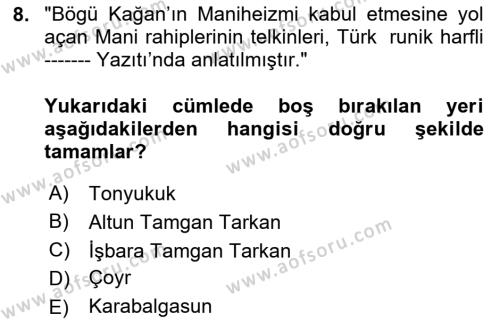 VIII-XIII. Yüzyıllar Türk Edebiyatı Dersi 2023 - 2024 Yılı Yaz Okulu Sınavı 8. Soru