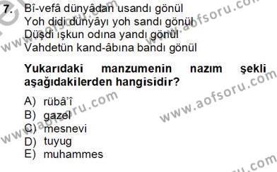 XIV-XV. Yüzyıllar Türk Edebiyatı Dersi 2012 - 2013 Yılı (Final) Dönem Sonu Sınavı 7. Soru
