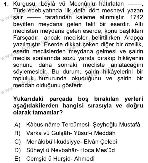 XIV-XV. Yüzyıllar Türk Edebiyatı Dersi 2017 - 2018 Yılı (Vize) Ara Sınavı 1. Soru