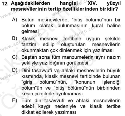 XIV-XV. Yüzyıllar Türk Edebiyatı Dersi 2017 - 2018 Yılı (Vize) Ara Sınavı 12. Soru