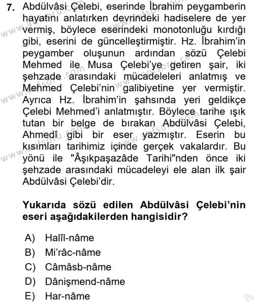 XIV-XV. Yüzyıllar Türk Edebiyatı Dersi 2017 - 2018 Yılı (Final) Dönem Sonu Sınavı 7. Soru