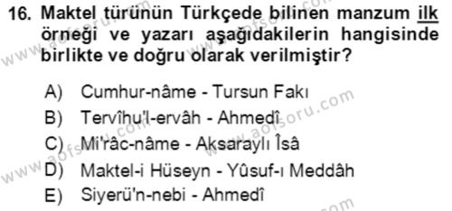 XIV-XV. Yüzyıllar Türk Edebiyatı Dersi 2018 - 2019 Yılı 3 Ders Sınavı 16. Soru