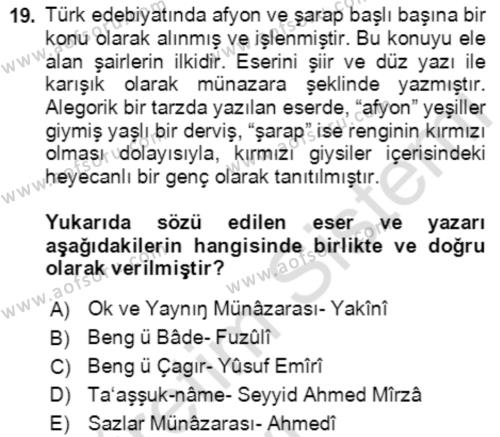 XIV-XV. Yüzyıllar Türk Edebiyatı Dersi 2018 - 2019 Yılı 3 Ders Sınavı 19. Soru