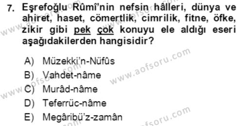 XIV-XV. Yüzyıllar Türk Edebiyatı Dersi 2018 - 2019 Yılı 3 Ders Sınavı 7. Soru