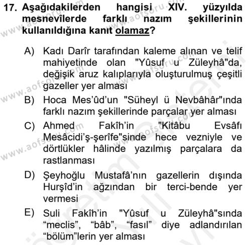 XIV-XV. Yüzyıllar Türk Edebiyatı Dersi 2018 - 2019 Yılı (Vize) Ara Sınavı 17. Soru