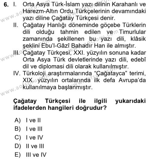 XIV-XV. Yüzyıllar Türk Edebiyatı Dersi 2018 - 2019 Yılı (Vize) Ara Sınavı 6. Soru