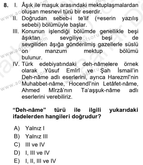 XIV-XV. Yüzyıllar Türk Edebiyatı Dersi 2018 - 2019 Yılı (Vize) Ara Sınavı 8. Soru