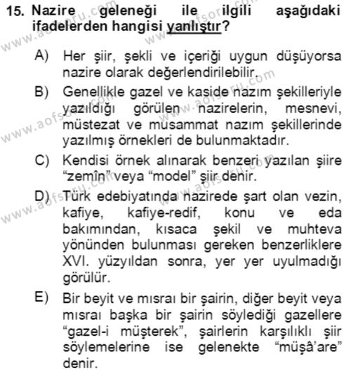 XIV-XV. Yüzyıllar Türk Edebiyatı Dersi 2018 - 2019 Yılı (Final) Dönem Sonu Sınavı 15. Soru