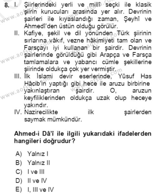 XIV-XV. Yüzyıllar Türk Edebiyatı Dersi 2018 - 2019 Yılı (Final) Dönem Sonu Sınavı 8. Soru