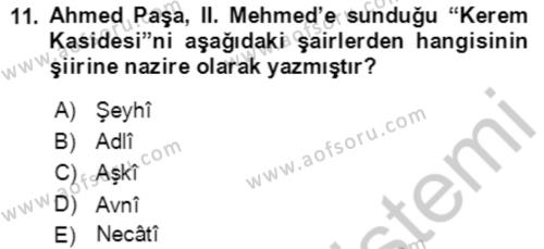 XIV-XV. Yüzyıllar Türk Edebiyatı Dersi 2018 - 2019 Yılı Yaz Okulu Sınavı 11. Soru