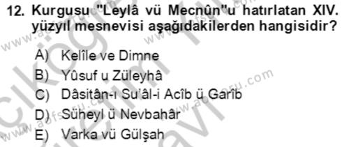 XIV-XV. Yüzyıllar Türk Edebiyatı Dersi 2018 - 2019 Yılı Yaz Okulu Sınavı 12. Soru