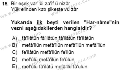 XIV-XV. Yüzyıllar Türk Edebiyatı Dersi 2018 - 2019 Yılı Yaz Okulu Sınavı 15. Soru