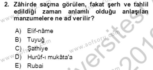 XIV-XV. Yüzyıllar Türk Edebiyatı Dersi 2018 - 2019 Yılı Yaz Okulu Sınavı 2. Soru