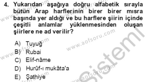 XIV-XV. Yüzyıllar Türk Edebiyatı Dersi 2018 - 2019 Yılı Yaz Okulu Sınavı 4. Soru