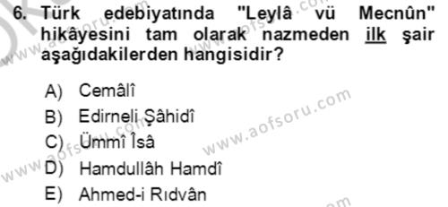 XIV-XV. Yüzyıllar Türk Edebiyatı Dersi 2018 - 2019 Yılı Yaz Okulu Sınavı 6. Soru