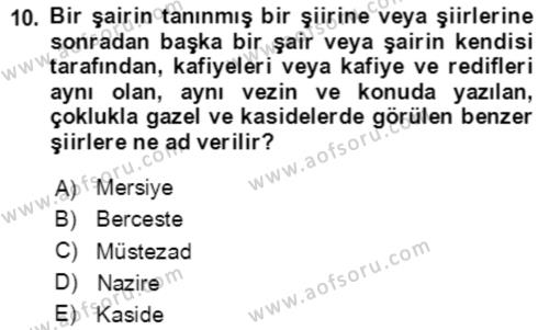 XIV-XV. Yüzyıllar Türk Edebiyatı Dersi 2020 - 2021 Yılı Yaz Okulu Sınavı 10. Soru