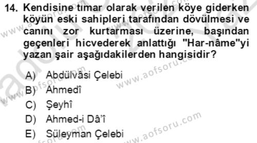 XIV-XV. Yüzyıllar Türk Edebiyatı Dersi 2020 - 2021 Yılı Yaz Okulu Sınavı 14. Soru