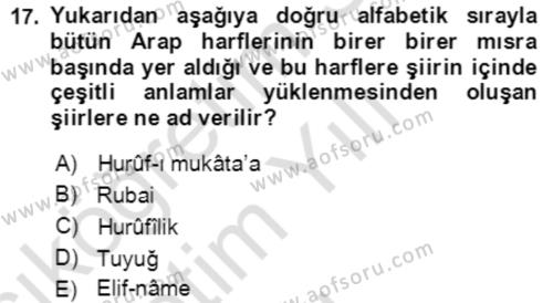 XIV-XV. Yüzyıllar Türk Edebiyatı Dersi 2020 - 2021 Yılı Yaz Okulu Sınavı 17. Soru