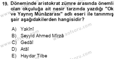 XIV-XV. Yüzyıllar Türk Edebiyatı Dersi 2020 - 2021 Yılı Yaz Okulu Sınavı 19. Soru