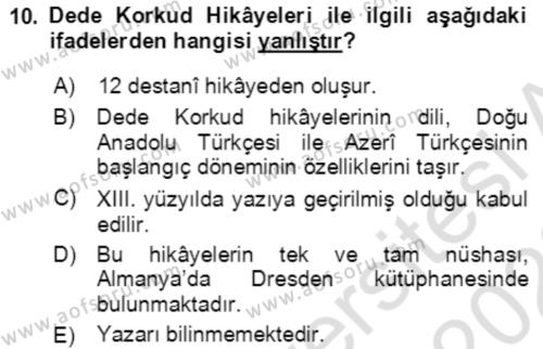 XIV-XV. Yüzyıllar Türk Edebiyatı Dersi 2021 - 2022 Yılı (Vize) Ara Sınavı 10. Soru